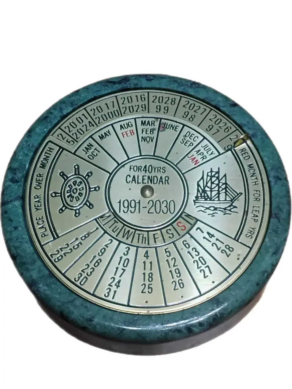Vintage 19991-2030 Marble Brass 40 Year Perpetual Calendar Paper Weight Rare